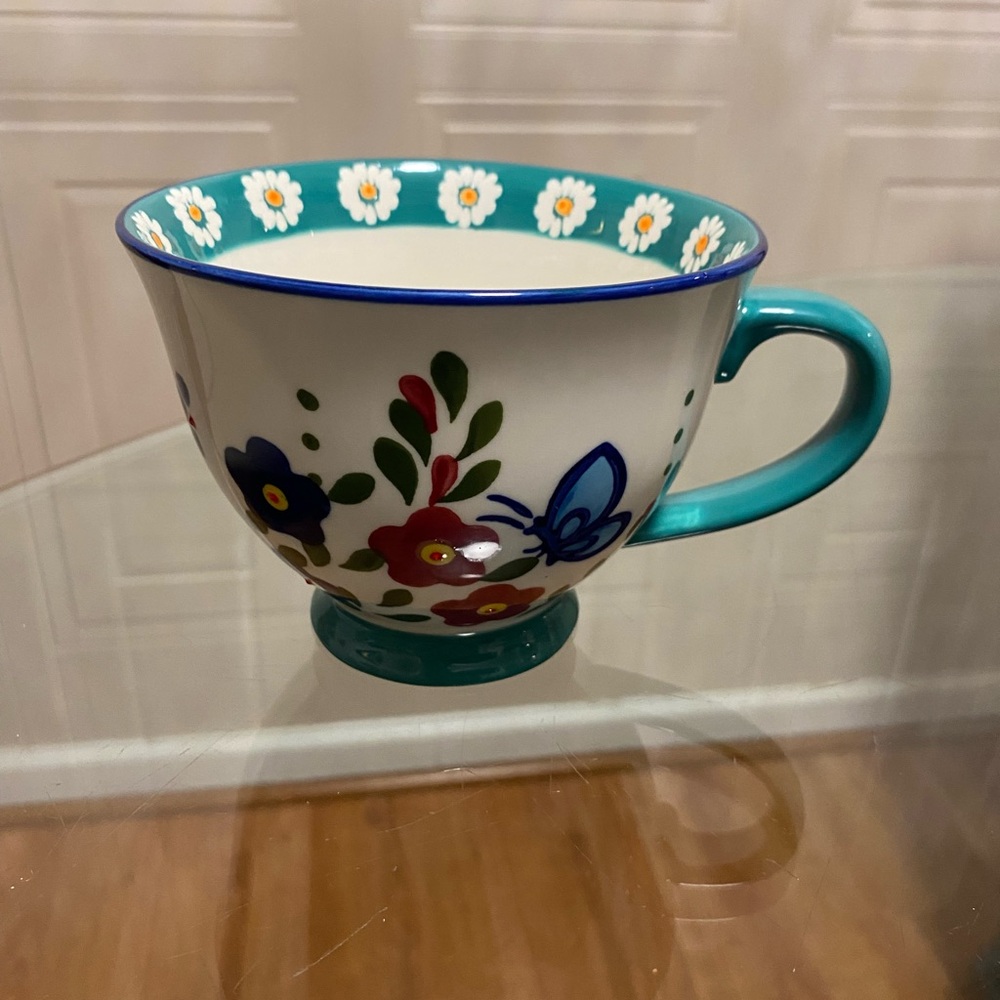 Hand-Painted Garden Coffee Mug Cup 16 Oz Ceramic Footed Floral Jug By SH Home